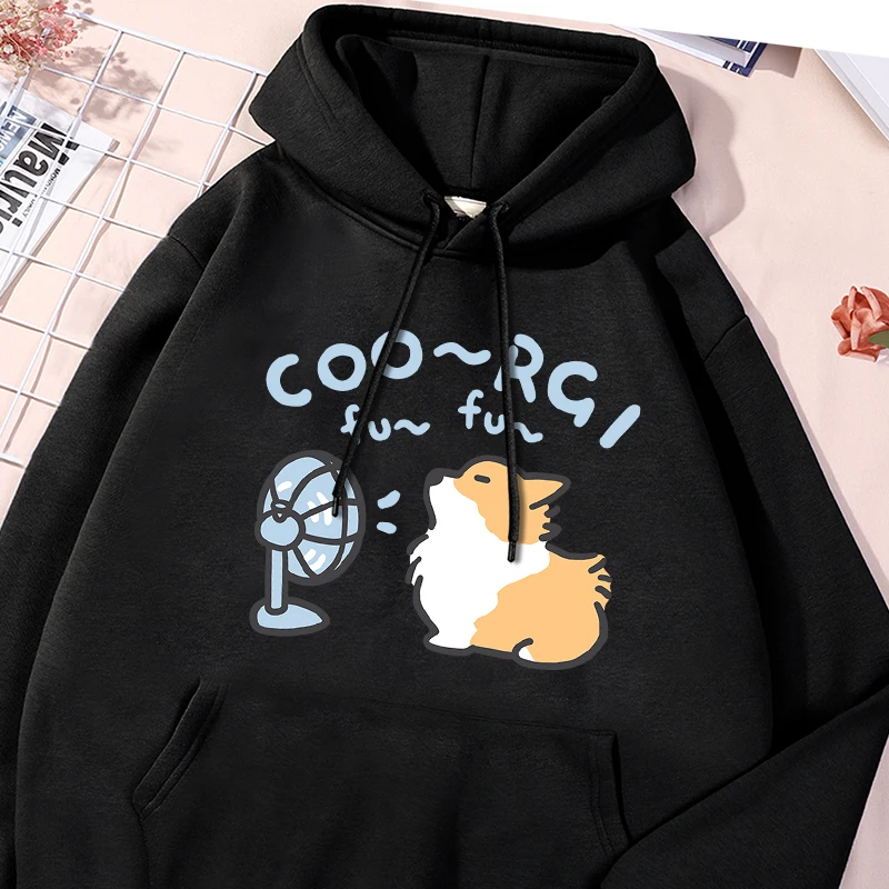 Corgi Of The Fan Print Sweatshirt Women Casual Oversize Comfortable Hooded Warm Fleece Hoodie Simple Basic Versatile Pullovers