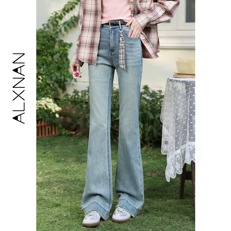 ALXNAN Washed Blue Flare Jeans for Women 2026 Spring Raw Hem Drape Skinny Jeans Elegant Casual Cotton Long Pants Ladies L61810