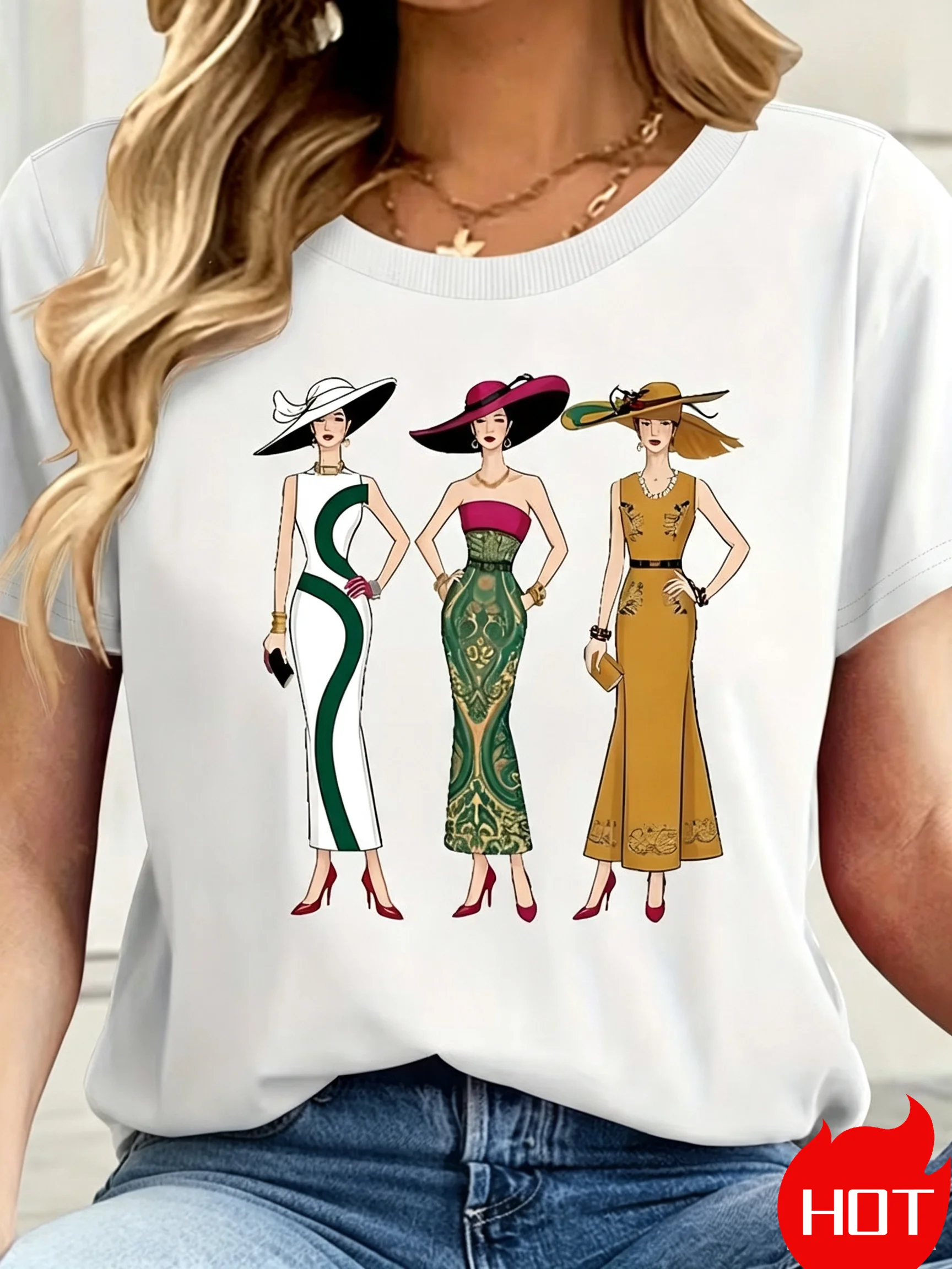 Three modern ladies Print Pattern Women's T-shirt Summer Casual Round Neck Short Sleeved Outdoor Sports Casual Women's Clothing