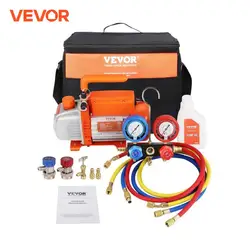 VEVOR Bomba de Vacío Aire Acondicionado 128 L/min Bomba de Vacío HVAC 180 W con Kit Manómetros y Manguera de Goma Tricolor 1440 rpm Bolsa de Transporte para R134a Aire Acondicionado Frigorífico Coche