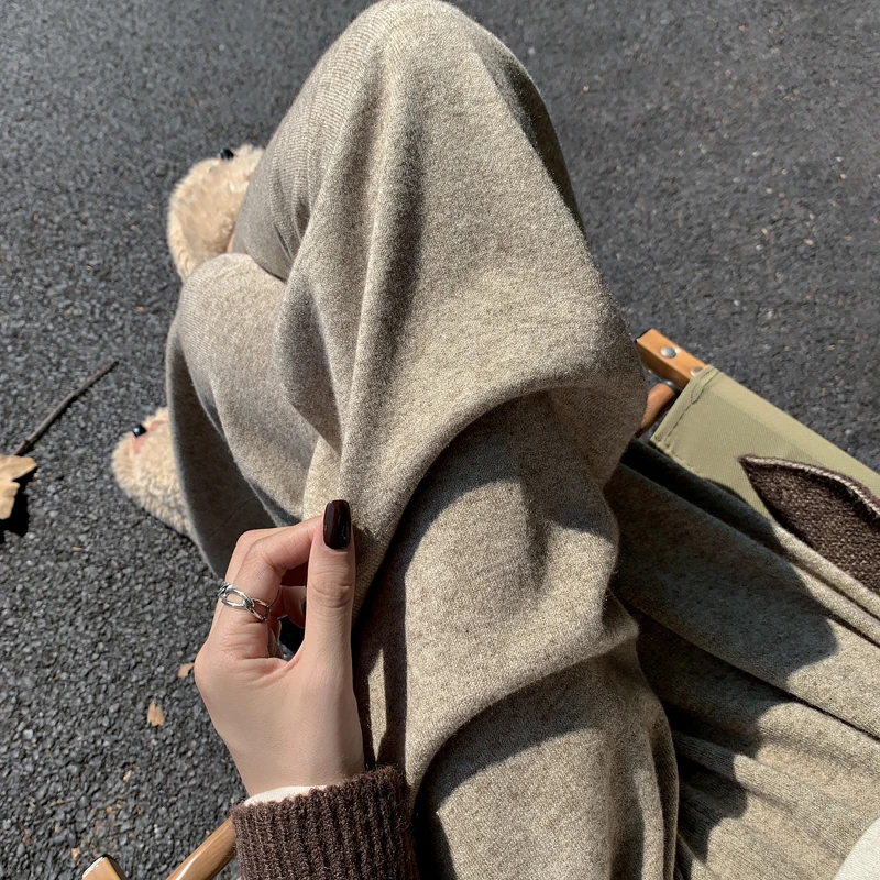 American Style High Waist Knitted Wide Leg Pants Women's Loose Lazy Soft Wool High Waist Floor Length Trouser Skirt