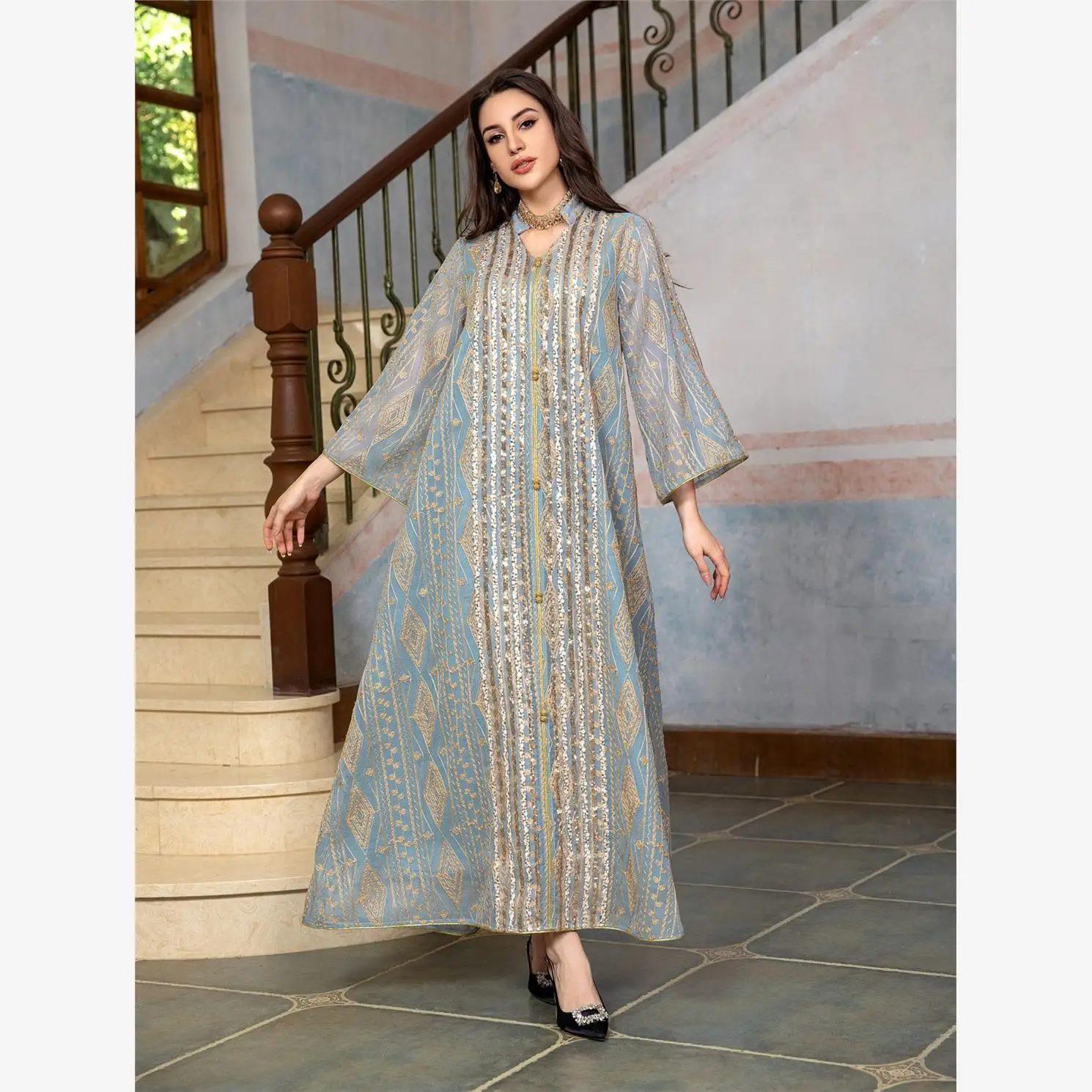 

Длинное платье с вышивкой Beaded Me и пайетками Дубай, вечернее платье с блестками в стиле пэчворк, расклешенная юбка V-Ne Long Sve