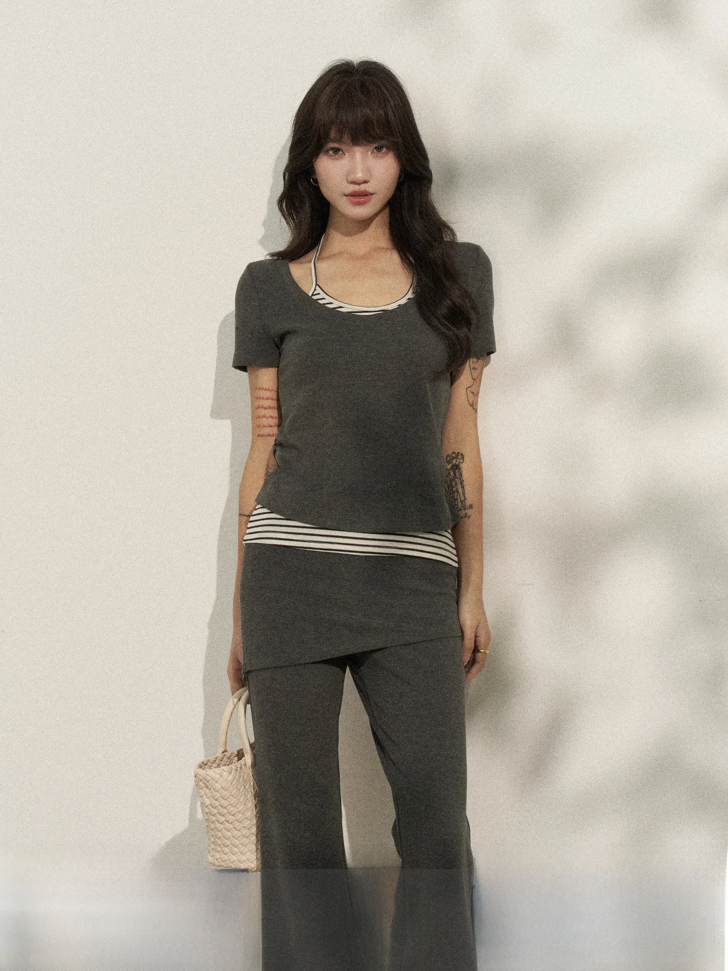 

Korean Style Short Sleeve T-Shirt Women's Striped Cotton round Neck Top Color Block Summer Casual Wear Daily Outfit