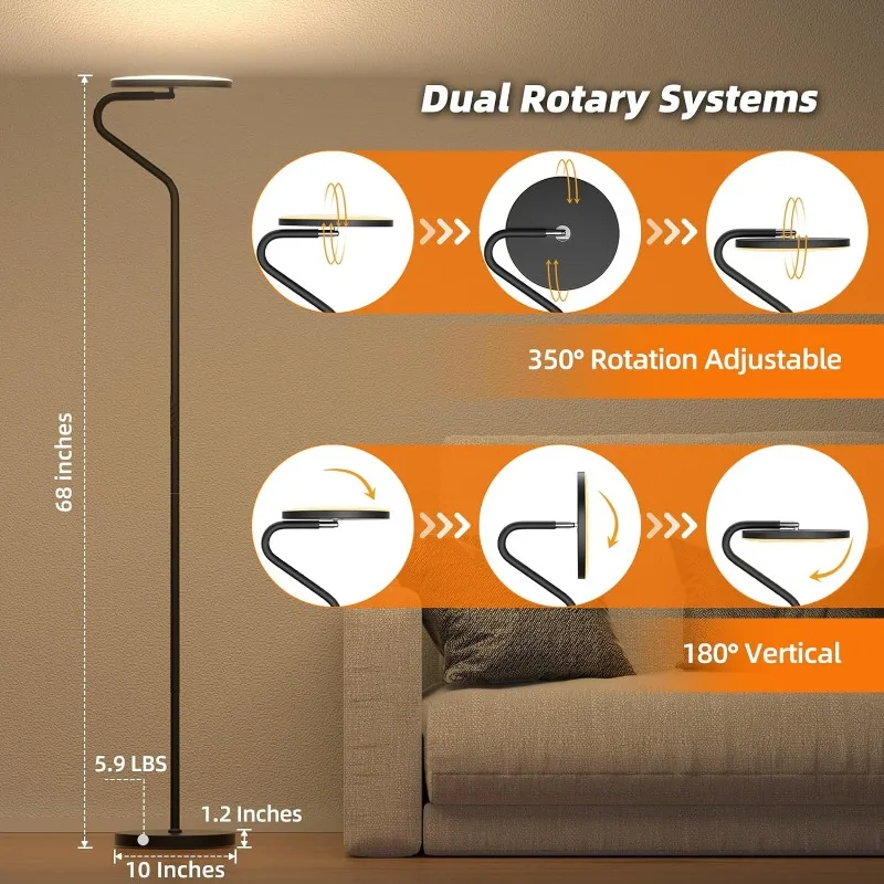 Lampadaire rotatif amélioré pour salon, lampe sur pied super lumineuse avec télécommande, 36W