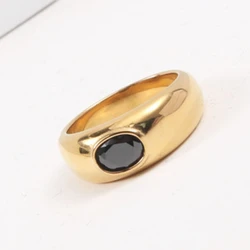 High End PVD Black Zircon Thick Ring Gold Color Stainless Steel Ring for Women Non Tarnish Waterproof Jewelry