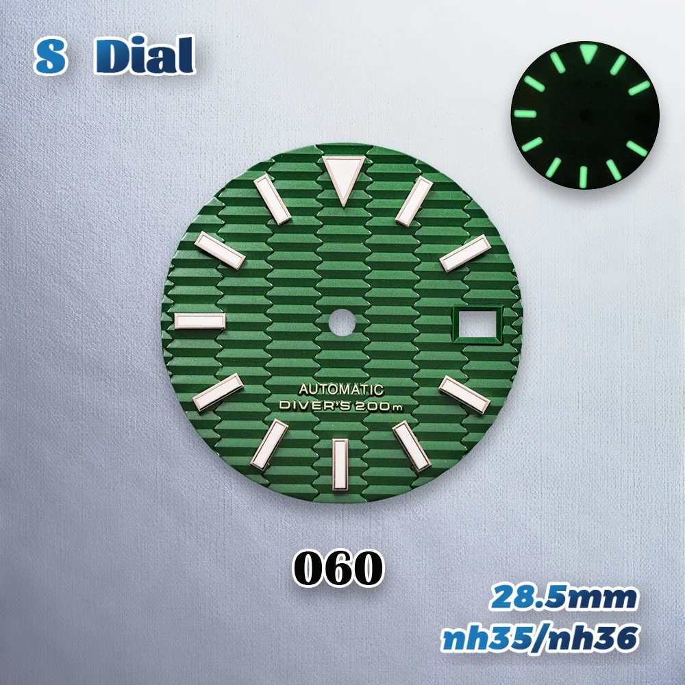 28.5mm S Logo SKX007 Pendenza Quadrante Fit NH35/NH36 Movimento Giappone Verde Luminoso Squisito Orologio Modifica Accessori di Riparazione