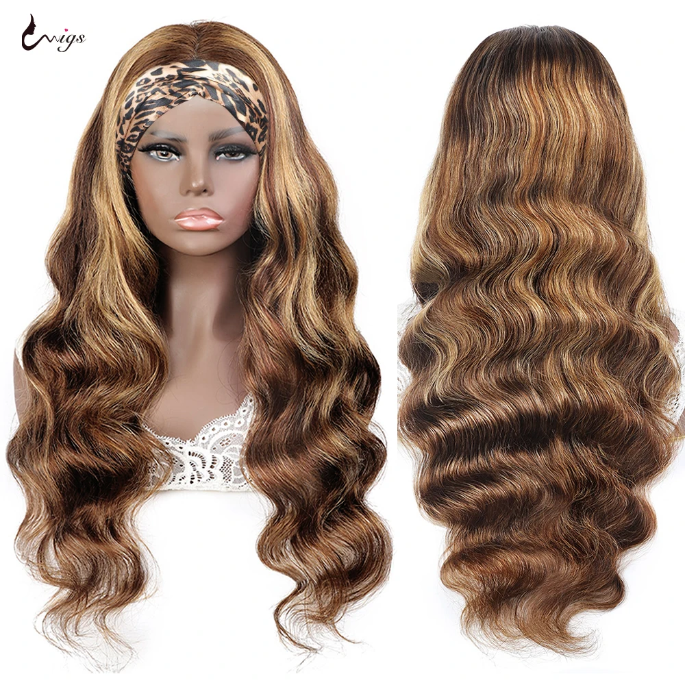 Uwigs Glueless Highlight Headband Wig Human Hair 250 Density Body Wave Human Hair Wigs Full Machine Made Scarf Wig For Women