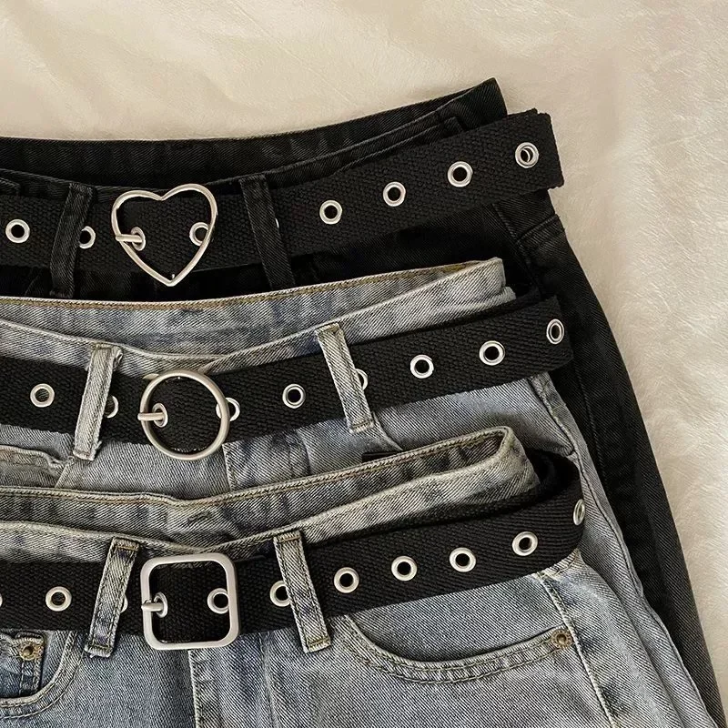 เข็มขัดผ้าใบสีดำแบบมีรูสำหรับนักเรียน 男女兼用 ใช้กับกางเกงยีนส์ทั้งหมด  แบบโลหะเจาะรู  แบบยาวพิเศษ พร้อมสายคาดเอวสไตล์ฮิปสเตอร์