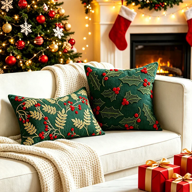 Embroidery Holly Red Berry Mistletoe Design Pillow Cover Vintage Christmas Chenille Cushion Case For Sofa Living Room Pillowcase