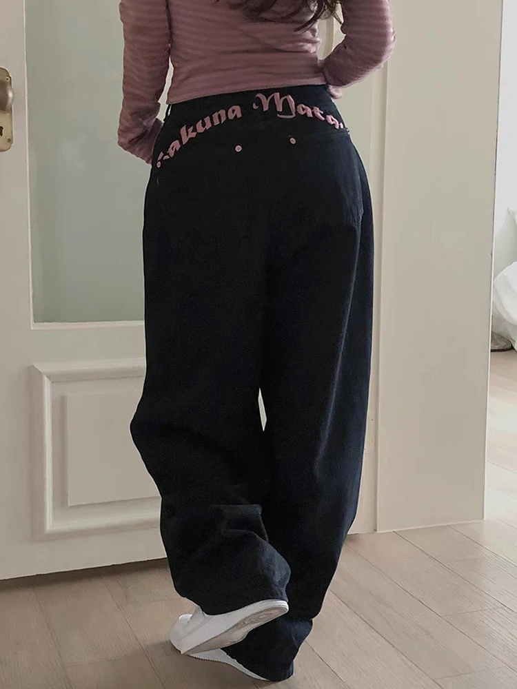 Sli Hoge Taille Afslanken Lange Denim Jeans Dames Lente Nieuwe Zoete Cool Pittige Meisje Geborduurde Letter Print Casual Brede Le...