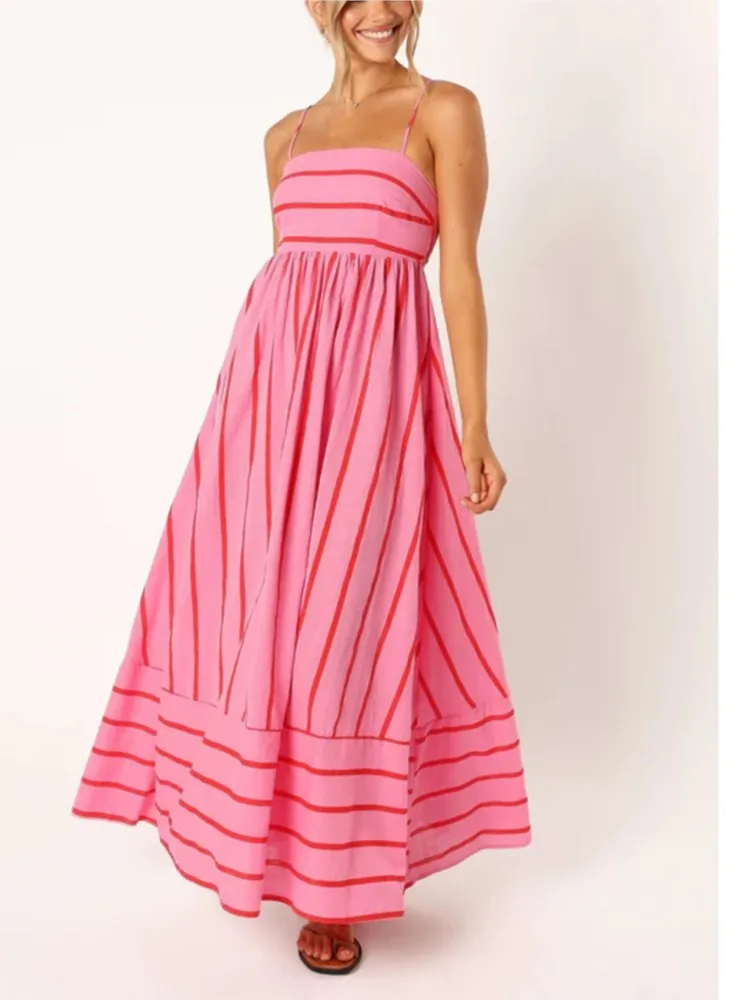 エレガントなストライプマキシロングドレス夏の女性スパゲッティストラップフリルバックレスプリーツ弾性ウエスト自由奔放に生きるパーティースイングル​​ーズドレス