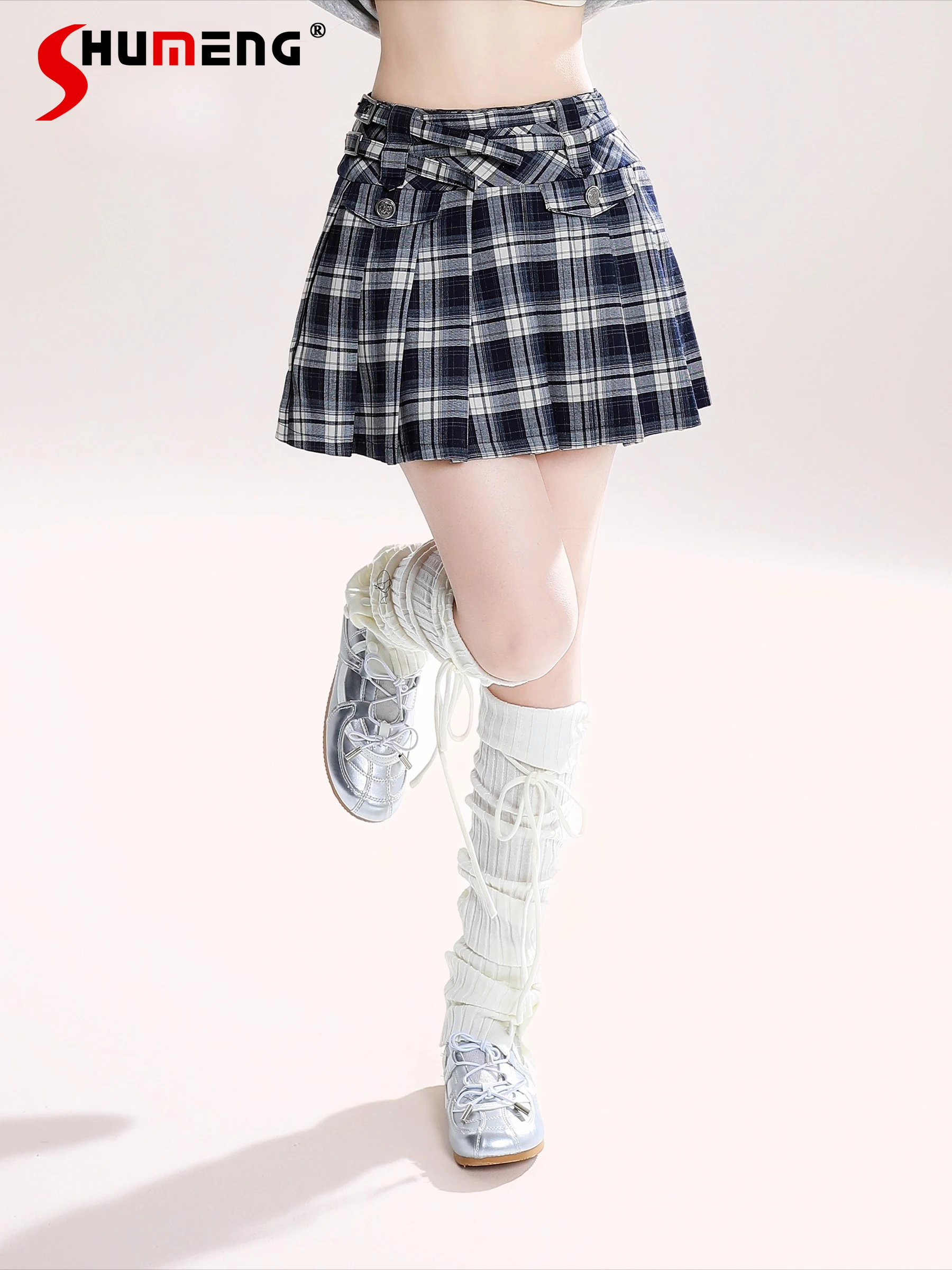 

American Preppy Style Retro Sweet Cool A-Line Plaid Y2K Mini Skirts High Waist Belt Slim Fit Versatile Pleated Short Skirt Women