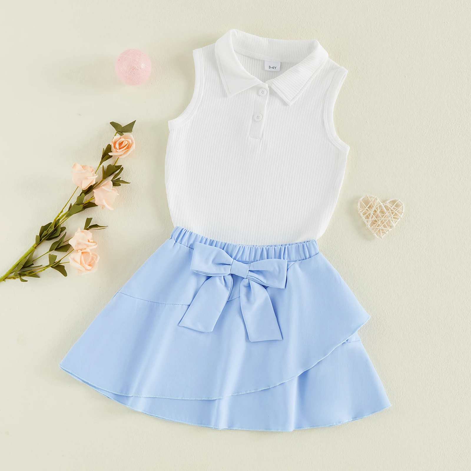 1-4Y Toddler Baby Girl Skirt Outfit Ribbed Sleeveless Collared Vest Tops Bow Ruffled Skirt 2 Piece Summer Girls Kids Clothes Set