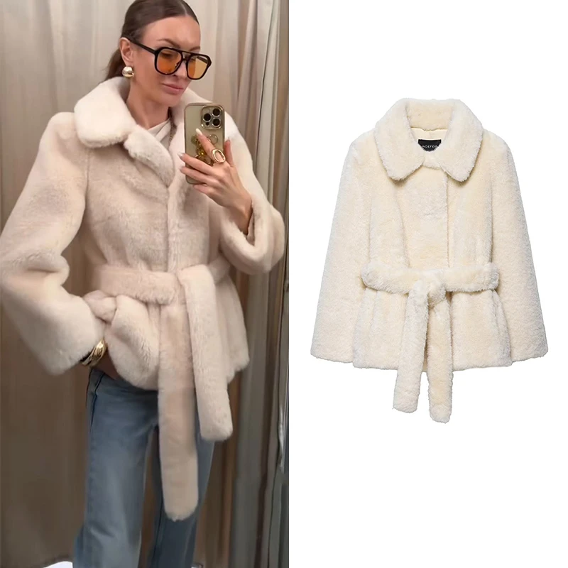 Nuevas chaquetas cálidas de piel sintética de invierno para mujer, abrigo elegante informal con cordones, abrigos de calle de lujo, prendas de vestir