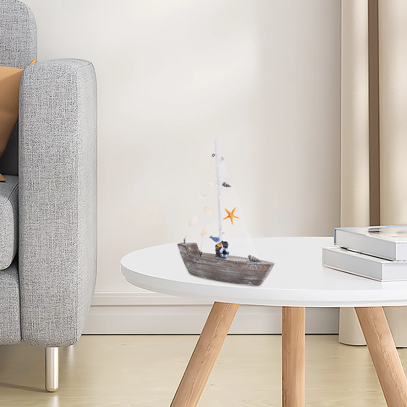 

Rustic Mediterranean Sailboat Decor Blue White Nautical Theme Distressed Finish Seashells Meticulous Craftsmanship Living Room