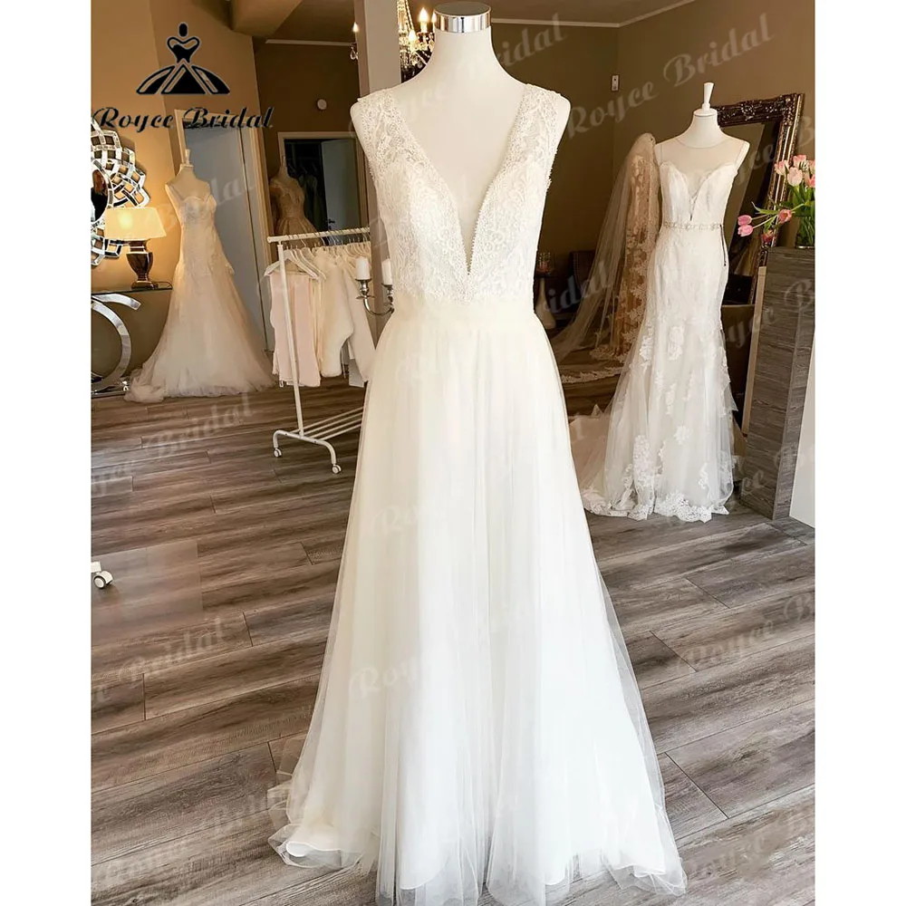 Roycebridal Deep V Neck Boho Beach Wedding Gowns 2023 A Line Wedding Dress Backless Bridal Gown trouwjurk Robe de mariee Vintage