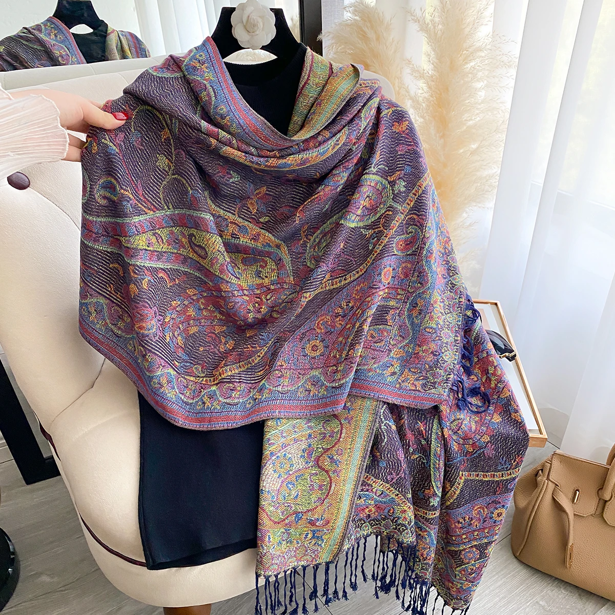 Neue Mode Damen Faux Kaschmir Winter Wrap Vintage Print Quasten Dicke Warme Pashmina Zweiseitiger Schal Outdoor Schals Foulard – Detail 4