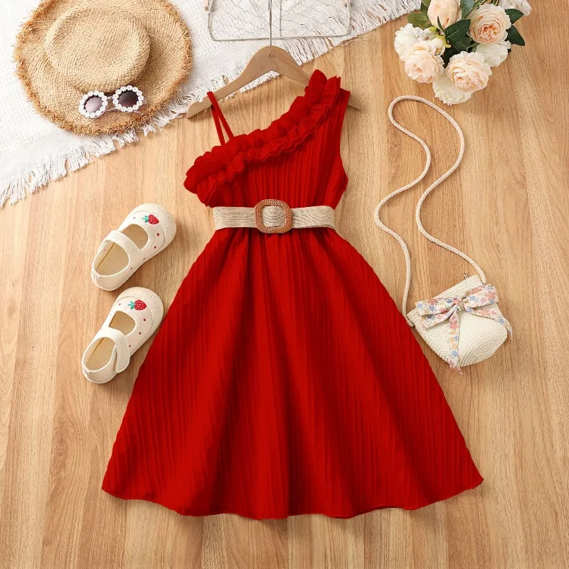

2026 Popular Girls Girdling Princess Dress Spring and Summer New Children's Clothing Beveled Edge Sling Casual Dress