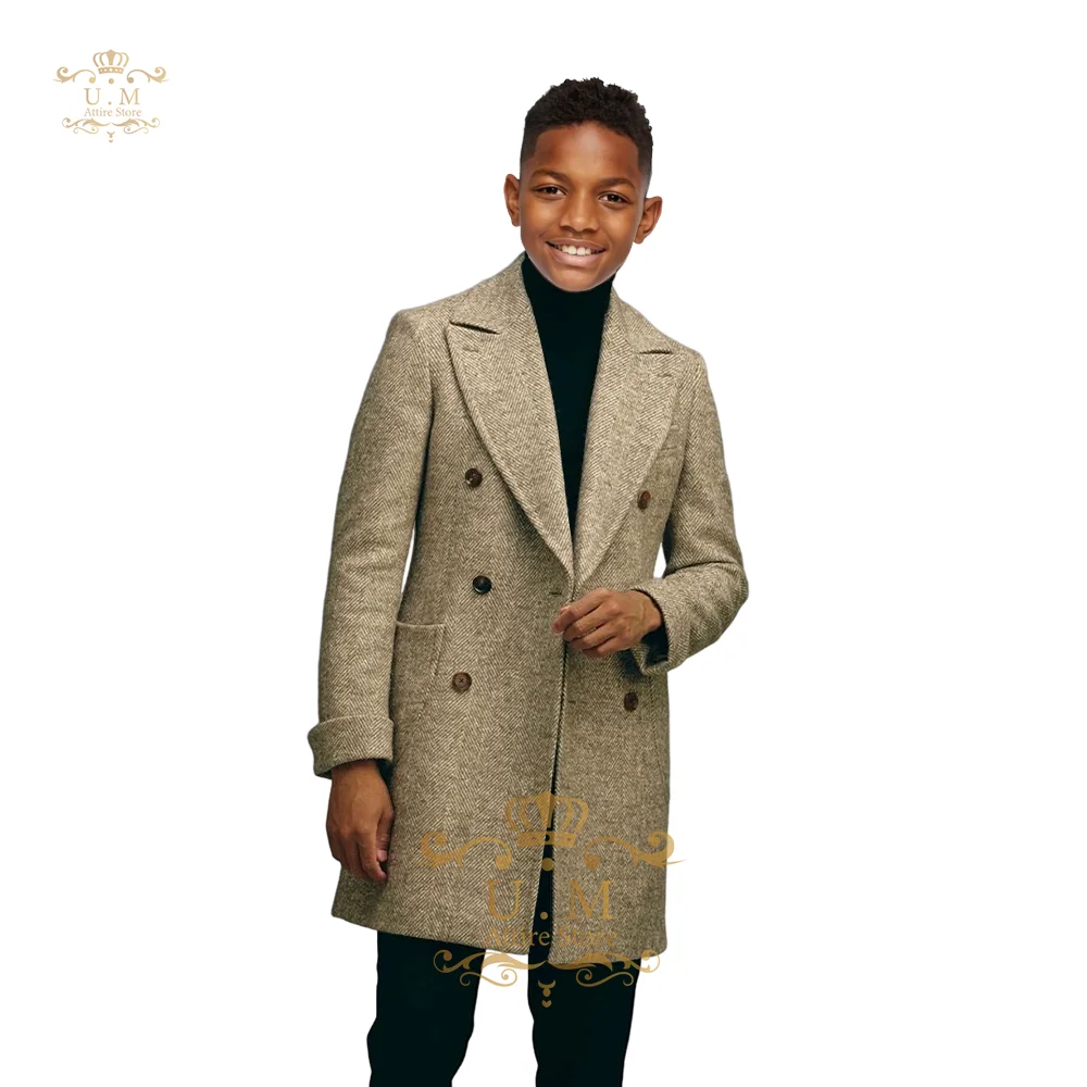 Brown boys\' premium coat, herringbone pattern double-breasted jacket for wedding prom campuses Xmas party custom kids tuxedo