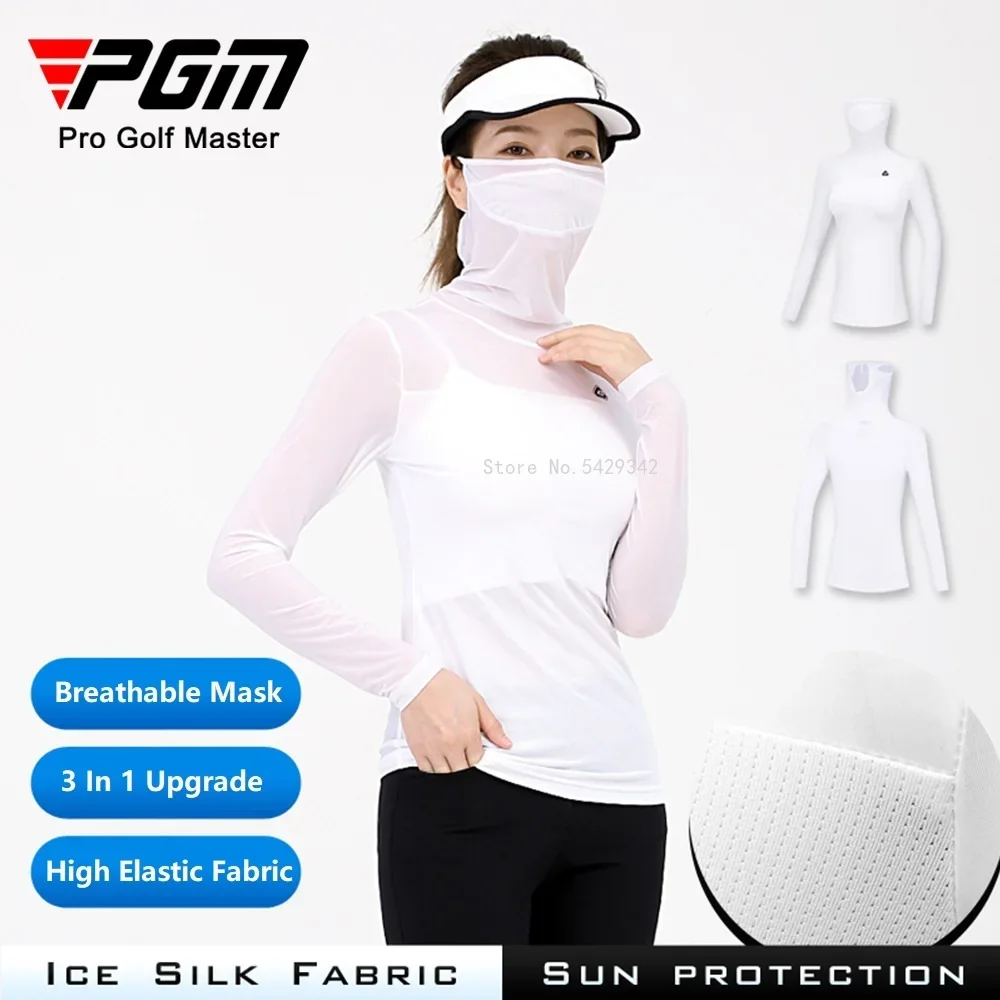 Pgm Women Anti-Uv Shirts For Golf Long Sleeve Summer Sunscreen Golf Tops Ladies Ice Silk Underwear With Mask Cooling Sportswear