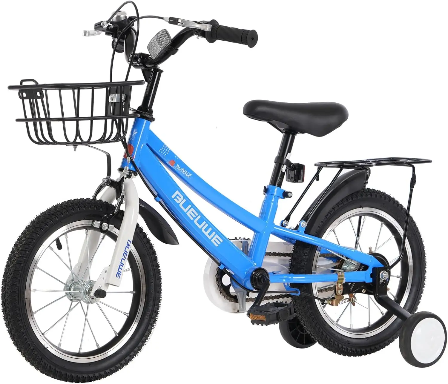 Rower dziecięcy 14/18 cali z hamulcami przednimi i tylnymi, kołami pomocniczymi, koszykiem, regulowany rower dla chłopców i dziewcząt w wieku 3–9 lat, pedały zabezpieczające.