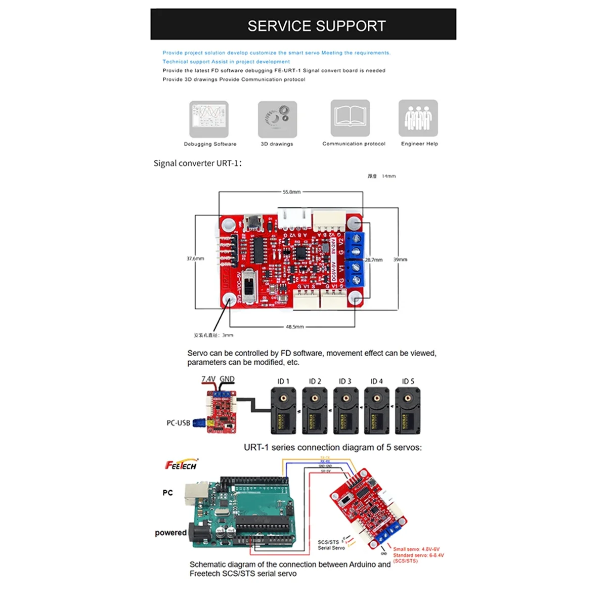 AB53 12V STS3215 เซอร์โวสําหรับ SO-ARM100 แขนหุ่นยนต์ 30KG แรงบิดสูงอัจฉริยะ Bus Servo TTL พร้อม FE-URT-1 การเขียนโปรแกรม