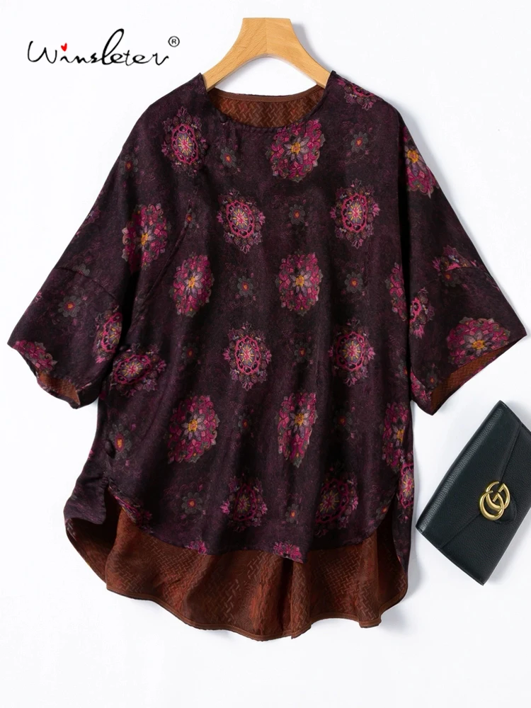 

Winsleter-Women 100%Real Silk Watered Gauze Elegant Shirt, Batwing Sleeve Jacquard, Retro Loose Blouse, 2025 Summer New T57363CC