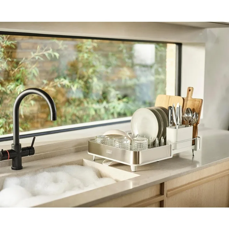 Extend Steel Expandable Dish Drying Rack with Removable Cutlery Holder Swivel Draining Spout, Stainless Steel