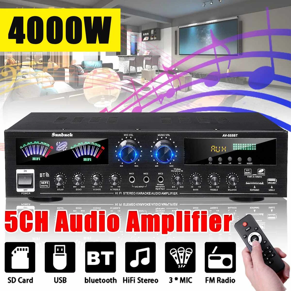 

4000W 5CH HiFi Power Amplifiers Stereo 12V bluetooth 5.0 Home Car Audio Digital Sound Amplifier BASS Music Player FM USB SD 3Mic