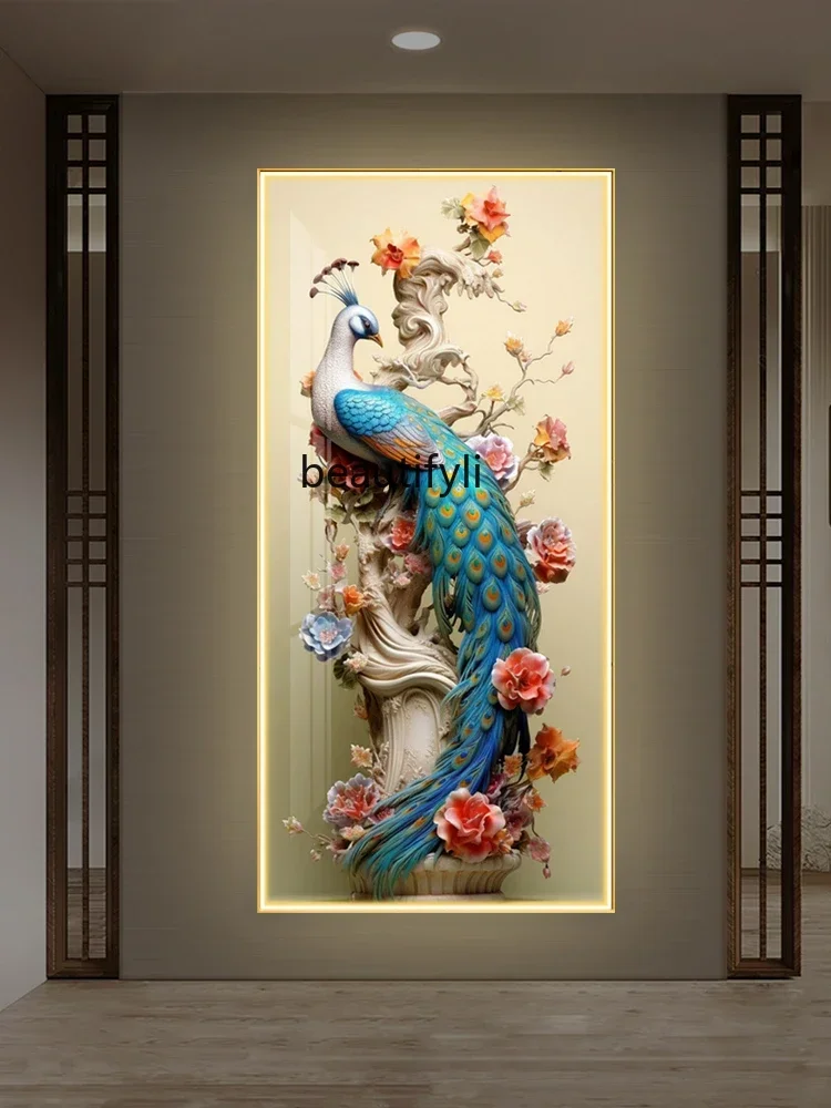 LD25Peacock Entrance Painting New Chinese Paintings High-Grade Crystal Porcelain Diamond with Light