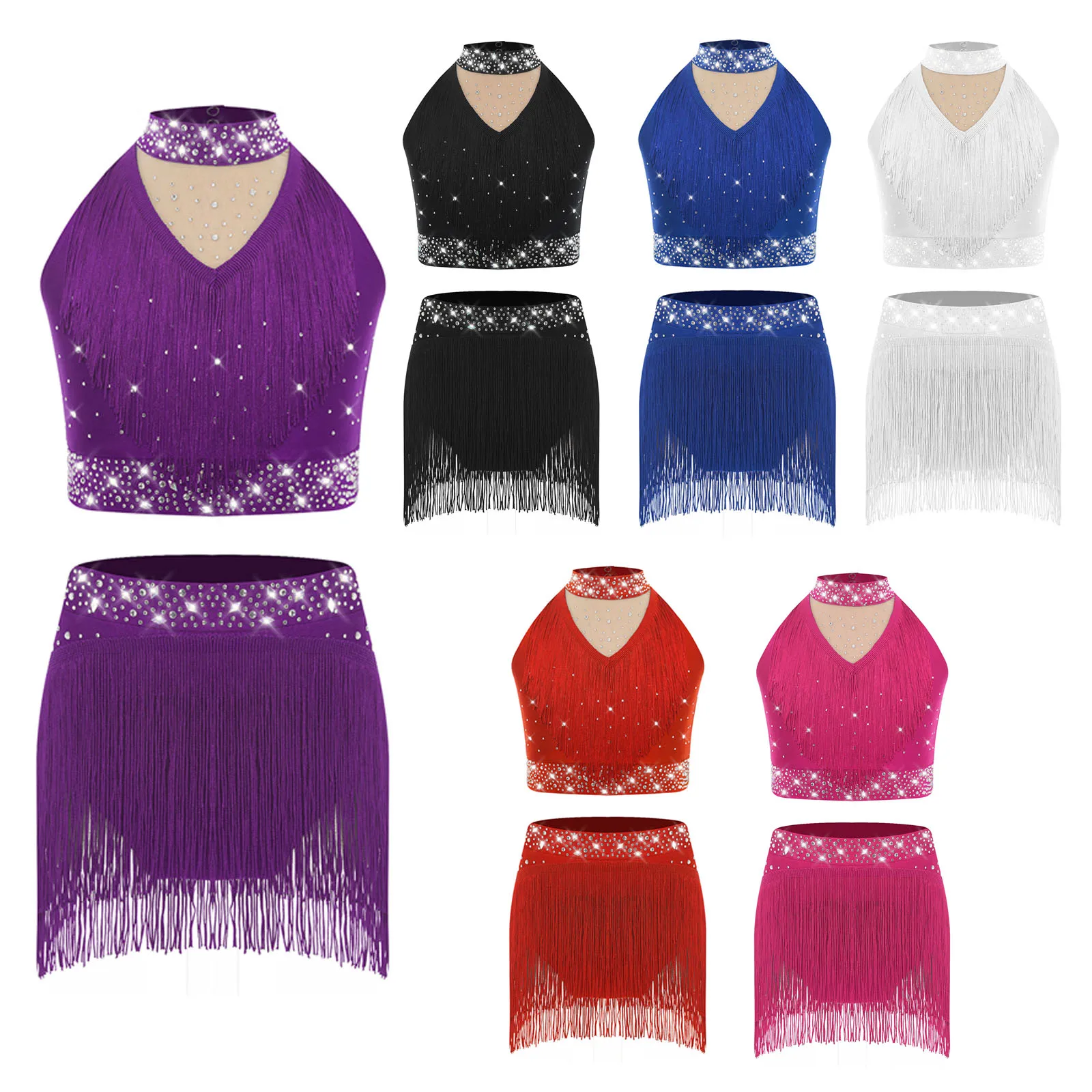 

Kids Girls 2Pcs Tassel Outfit Sequins Jazz Latin Dance Costumes For Rumba Chacha Samba Hip Hop Belly Stage Performance Dancewear