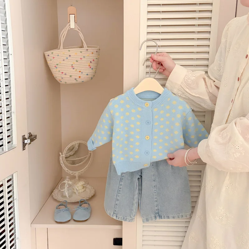 2026 Autumn New Girls Polka Dot Knitted Cardigan Cotton Baby Girl Long Sleeve Sweater Coat Infant Toddler Casual Knitwear