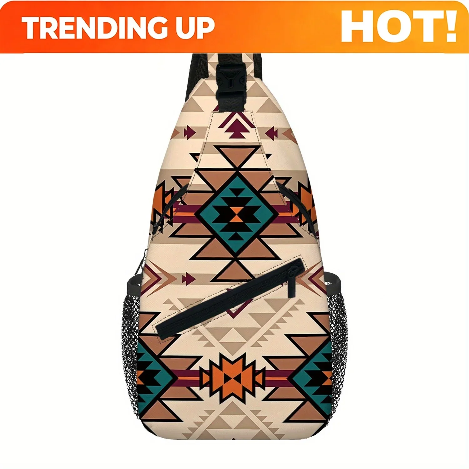 Custom Men's Retro Bohemian Crossbody Sling Bag - Southwestern Tribal Pattern In Beige/Teal/Maroon/Black/White - Adjustable Stra