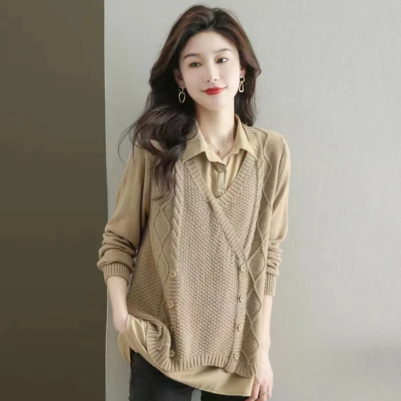 

2024 New Knitted Fake Two Women Sweater Elegant Turndown Pullover Sweater Autumn Winter Female Loose Bottoming Shirt Jumper Lady