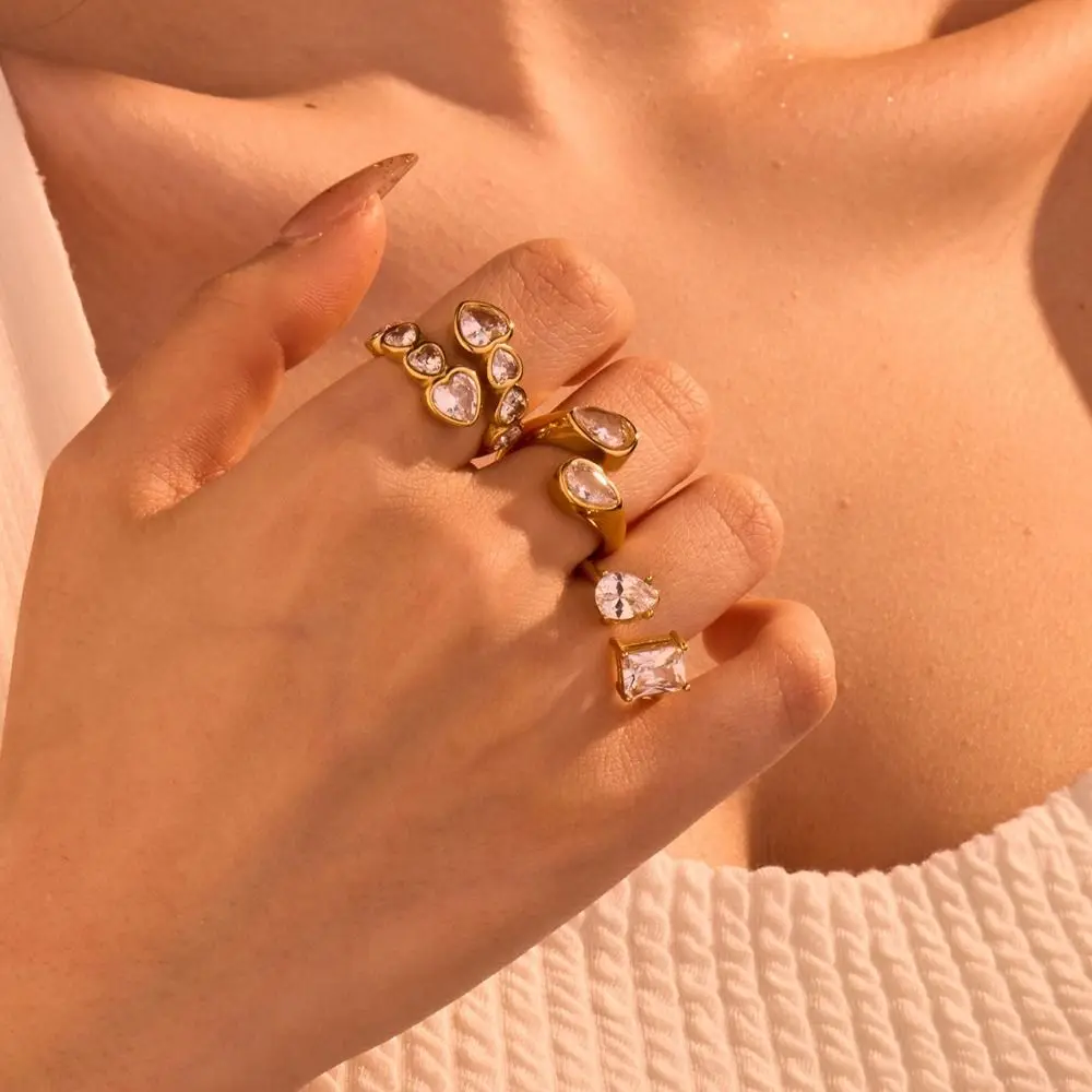 خاتم مفتوح من الفولاذ المقاوم للصدأ غير متماثل مقاوم للصدأ 18K مطلي بالذهب خاتم لامع مقاوم للماء مكعب زركونيا خاتم إكسسوار فاخر