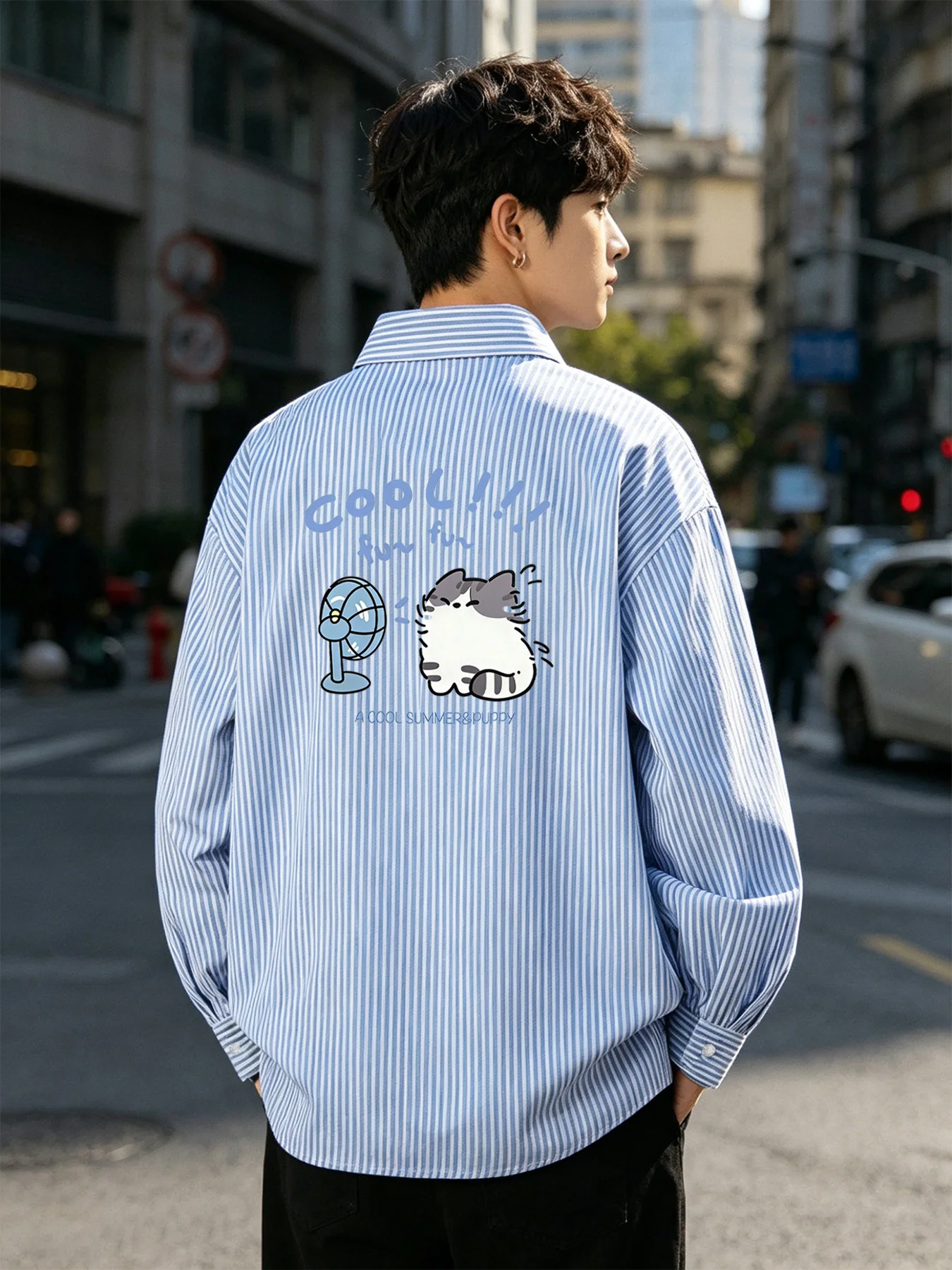 

Spring and Autumn style men's new cartoon fun back pattern long-sleeve striped casual versatile shirt