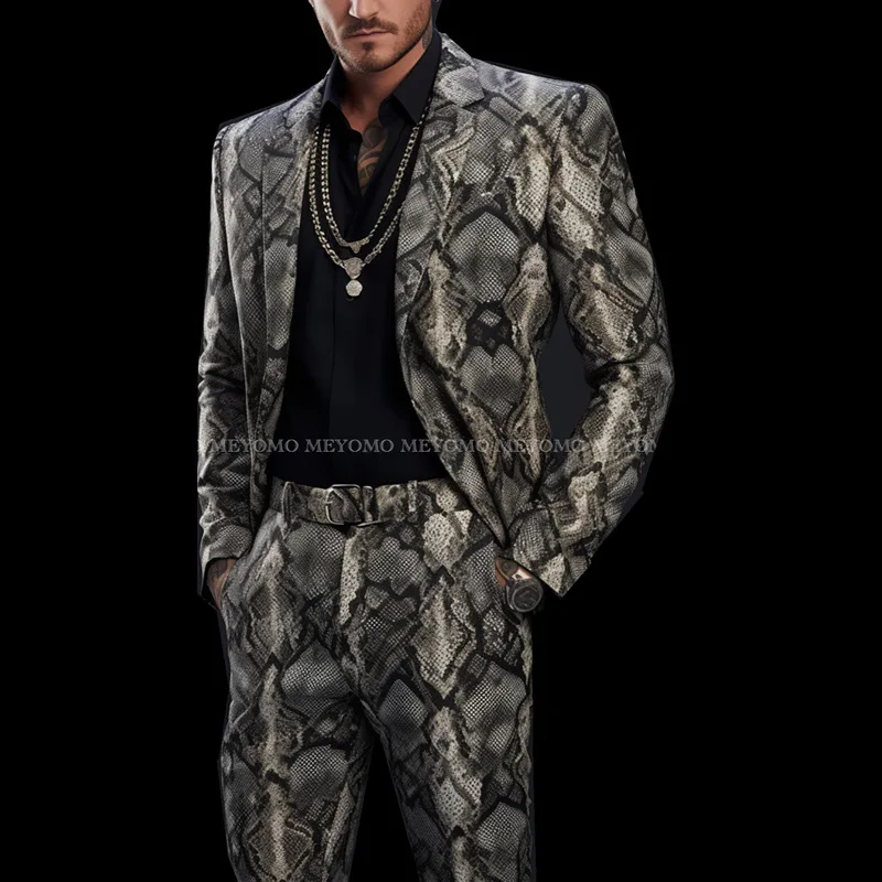 

2025 Men's British Style, Cool and Handsome Snake Print Suit