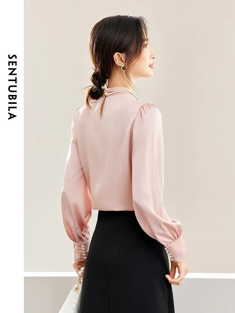 SENTUBILA Women High-end Satin Blouse 2024 Spring Autumn Elegant Long Sleeve Tops Lady Commute Pink Shirts & Blouses 141V53329