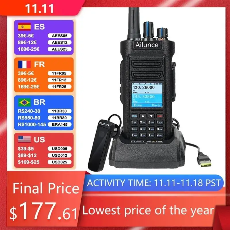 Топ! HD2 Walkie Talkie DMR Walkie-Talkie UHF VHF Ham Двусторонняя радиостанция IP67 Водонепроницаемый трансивер дальнего действия