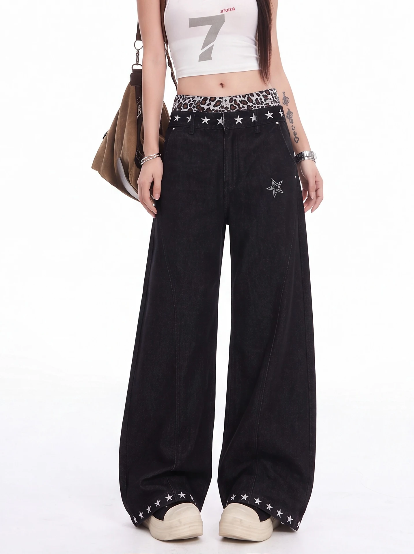 Y2K Star Embroidery Denim Pants Women's Leopard Print High Waist Wide Leg Draping Floor-Length Trendy Casual Cotton Blend