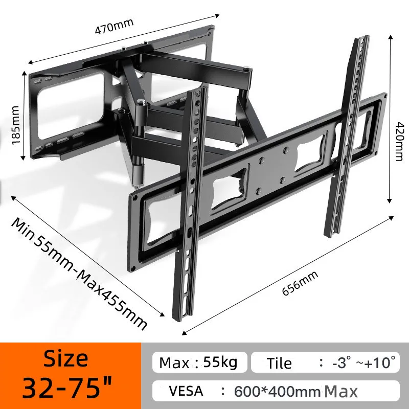 TV Wall Mount for 32-75 inch, Full Motion TV Mount Bracket Articulating Swivel Extension Tilting Leveling Max VESA 600x400mm