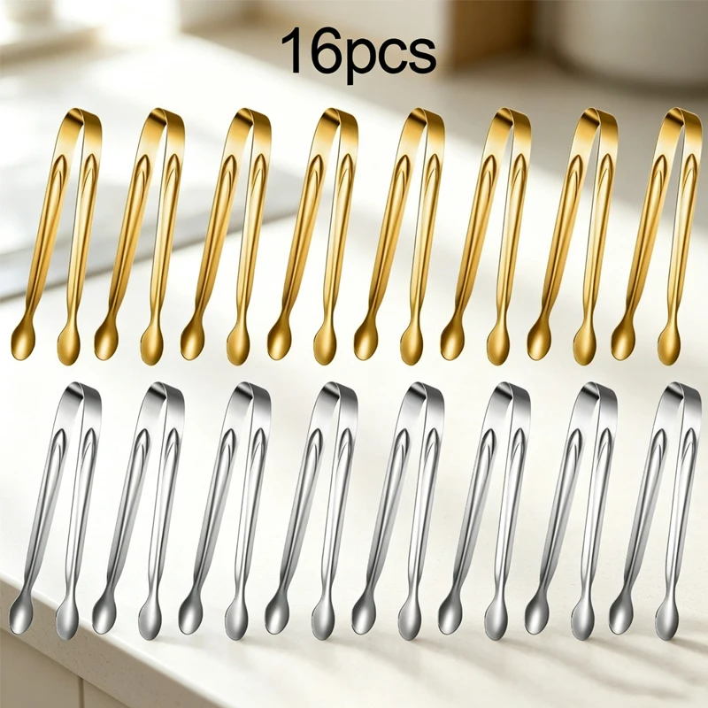 16pcsStainless steel mini sugar clip, multifunctional small food clip, used for putting sugar cubes and ice cubes in coffee.