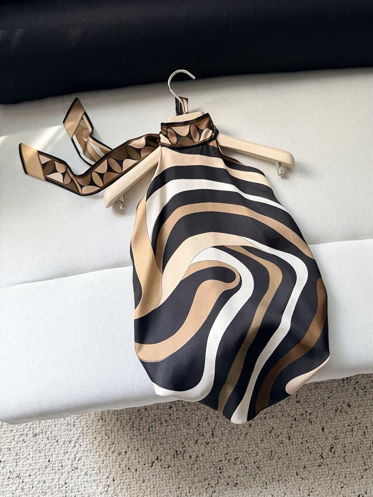 

Summer Fashion Beach Party Geometric Geometric Print Silk Top Women's Lace-Up Hang One's Neck Sleeveless Sexy Backless Tops