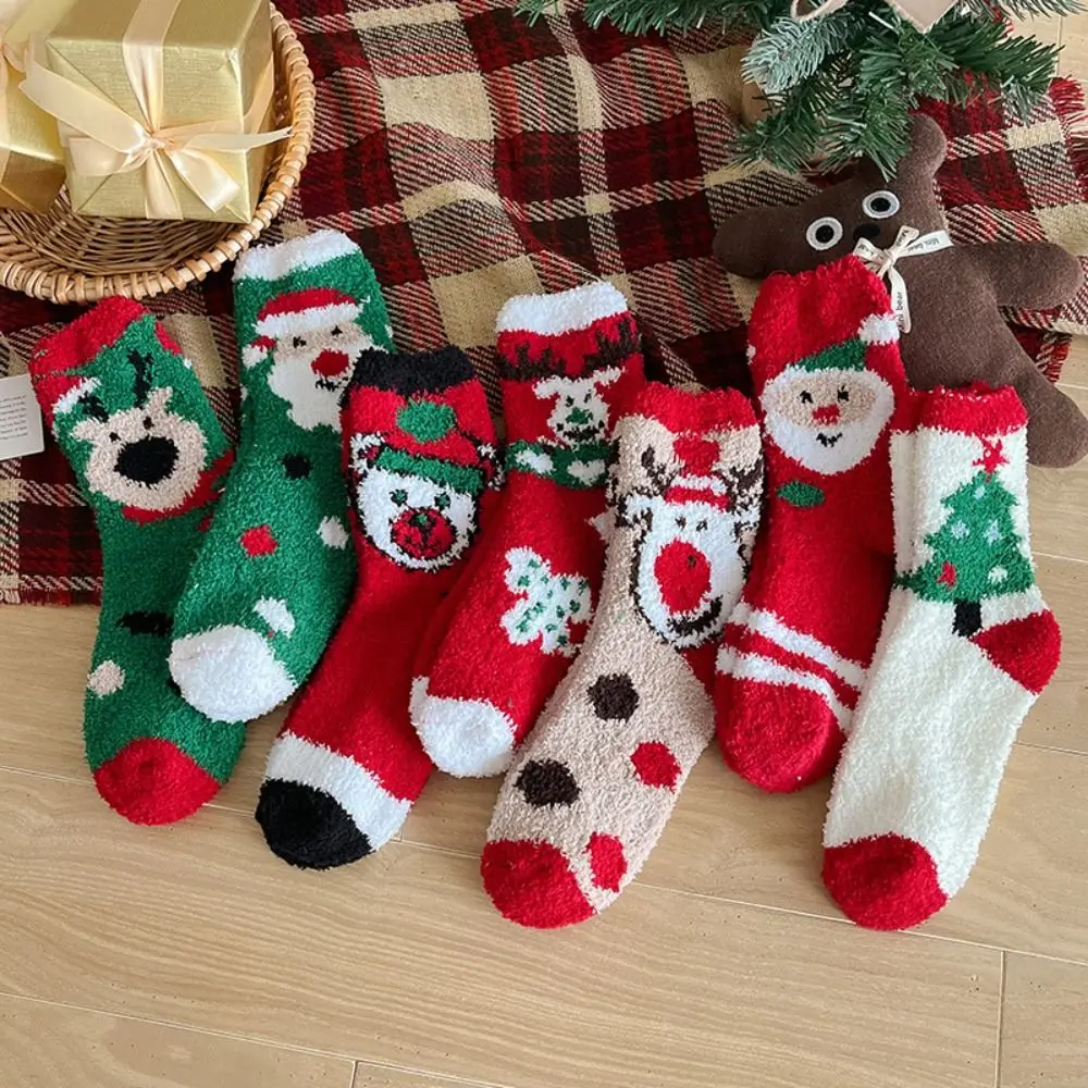 

Casual Cartoon Christmas Socks Santa Claus Christmas Tree Women Hosiery Fuzzy Middle Tube Coral Velvet Socks Girl