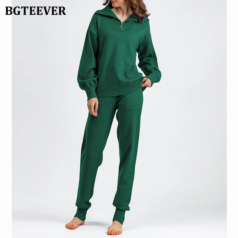 

BGTEEVER Casual Knitted Trousers Set Women Lapel Zipper Up Pullovers Pencil Pants Women Sweaters Outfits Winter Warm Set
