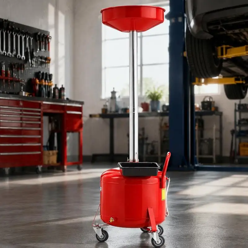 Chariot de vidange d'huile 30L, Chariot de vidange d'huile avec entonnoir réglable en hauteur, Conteneur de vidange d'huile avec roues et boîte à outils, Transfert de liquides pour ateliers automobiles, Rouge