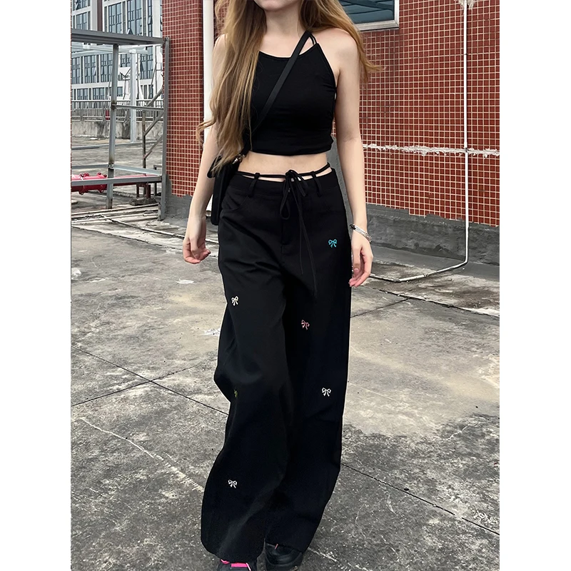 Spring and summer butterfly embroidered workwear pants, women's high waisted wide leg suit pants, straight leg casual pants