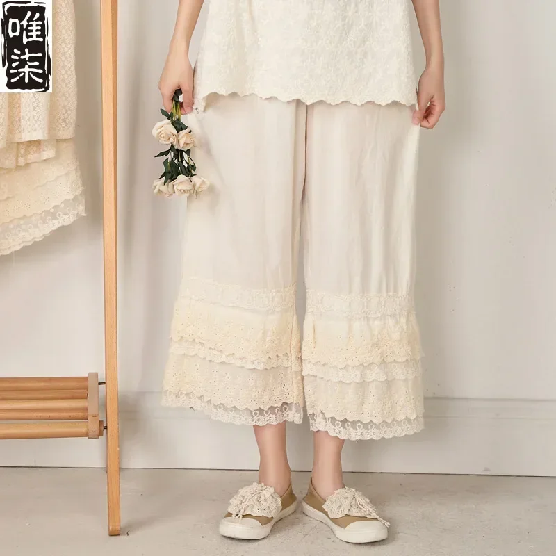 

Summer Sweet Mori Girl Cotton Linen Calf-length Eyelet Lace Wide Leg Pants Vintage Elegant Victorian Edwardian Palazzo Pants