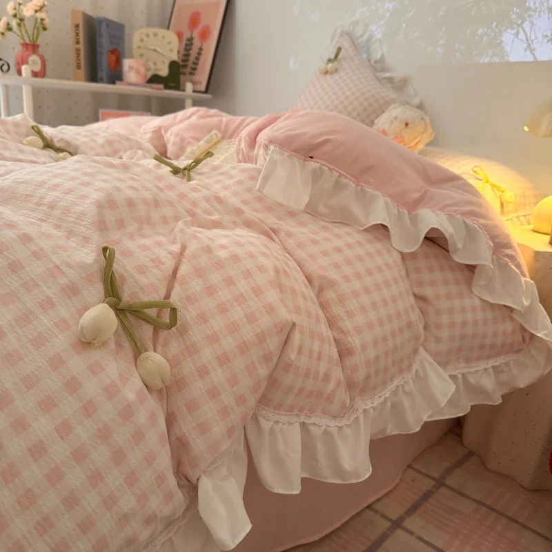 

Ins Girls Tulip Pink Plaid Bedding Sets 2026 New Princess Ruffles Queen Size Bed Sheet Set Duvet Cover Set With Pillowcase