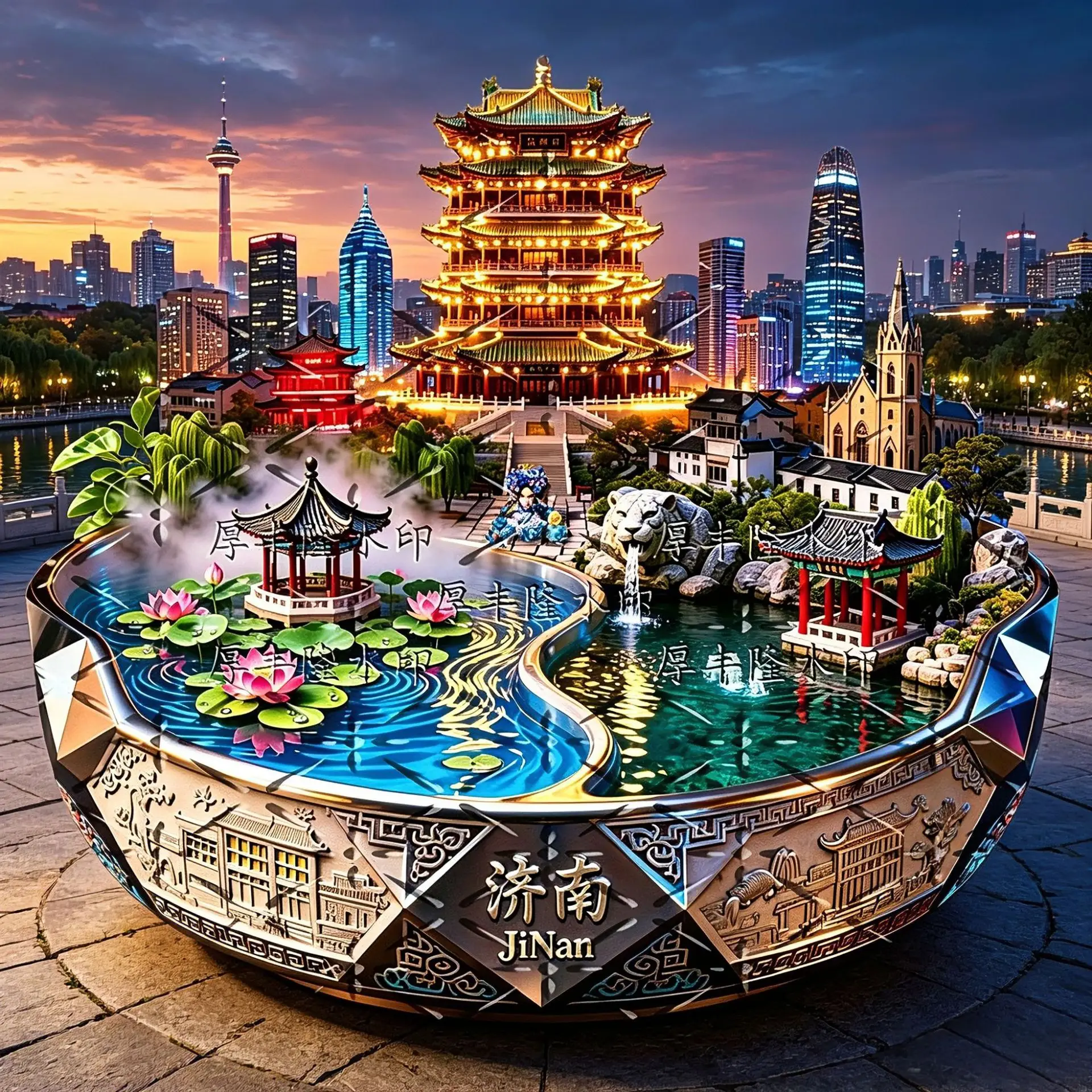 3D Fridge Magnet, Jinan Shandong Daming Lake & Baotu Spring, Spring City Night View Exquisite Cultural Creative Travel Souvenir